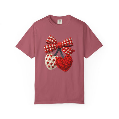 Valentine Faux Crochet Hearts T-Shirt – Knitted Heart Bow Love Graphic | Comfort Colors 1717