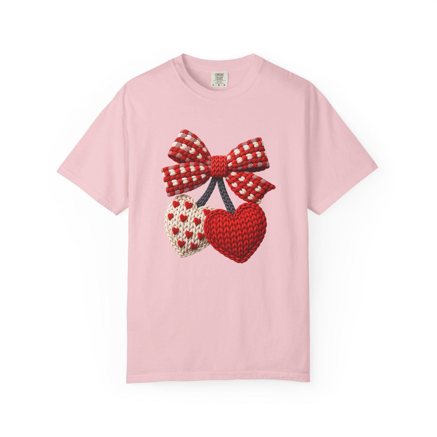 Valentine Faux Crochet Hearts T-Shirt – Knitted Heart Bow Love Graphic | Comfort Colors 1717
