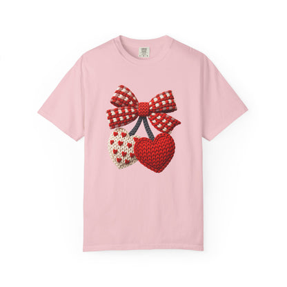 Valentine Faux Crochet Hearts T-Shirt – Knitted Heart Bow Love Graphic | Comfort Colors 1717