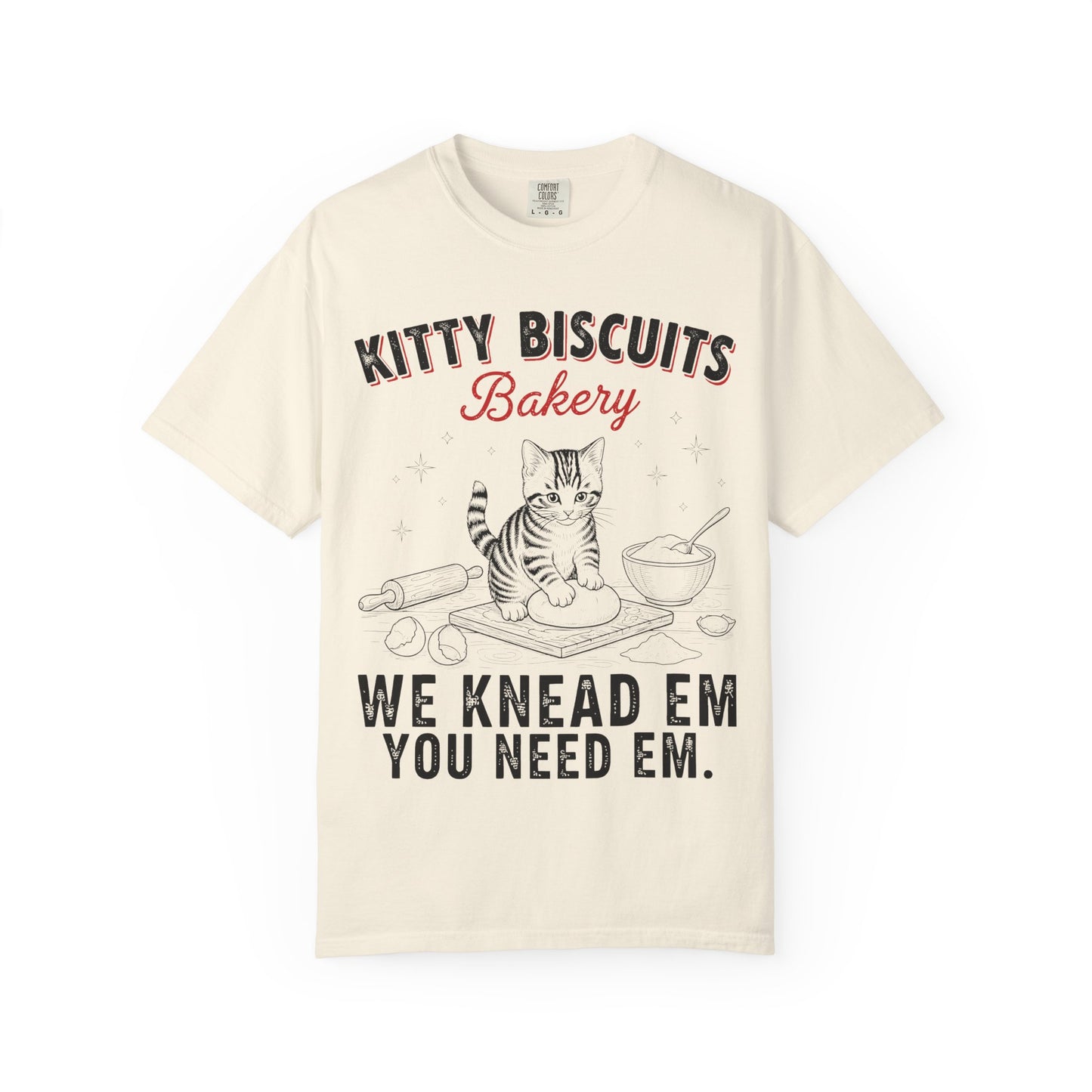 Funny 'Kitty Biscuits Bakery' T-Shirt | Cute Cat Kneading Dough Tee | Comfort Colors® 1717