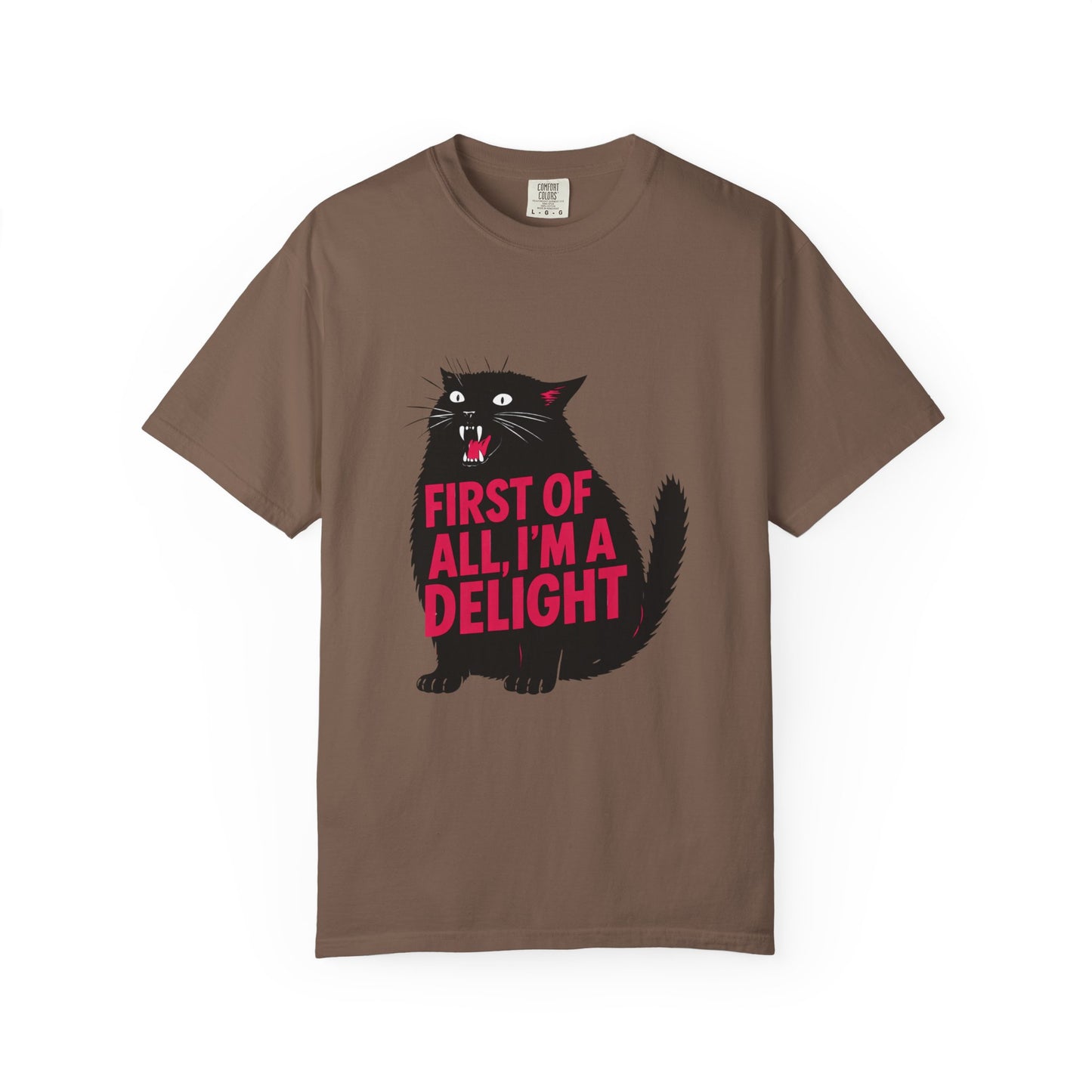 First Of All I'm A Delight T-Shirt | Sassy Screaming Black Cat Graphic Tee | Funny Sarcastic Cat Mom Gift