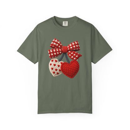 Valentine Faux Crochet Hearts T-Shirt – Knitted Heart Bow Love Graphic | Comfort Colors 1717