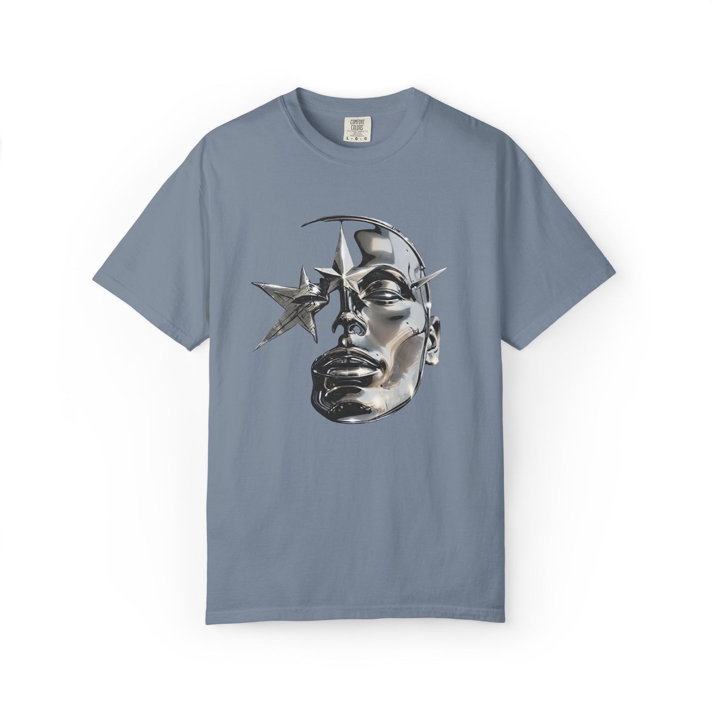 Cyber Y2K Chrome Face Graphic T-Shirt | Futuristic Liquid Metal Stars | Comfort Colors T-shirt