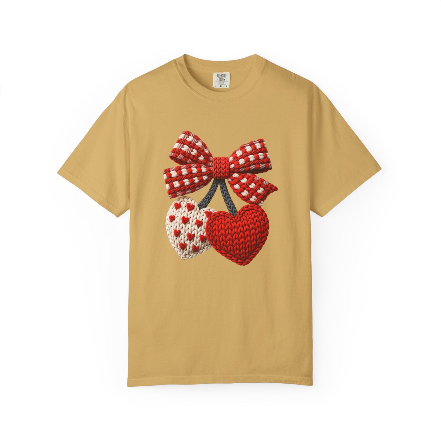 Valentine Faux Crochet Hearts T-Shirt – Knitted Heart Bow Love Graphic | Comfort Colors 1717