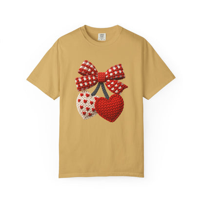 Valentine Faux Crochet Hearts T-Shirt – Knitted Heart Bow Love Graphic | Comfort Colors 1717