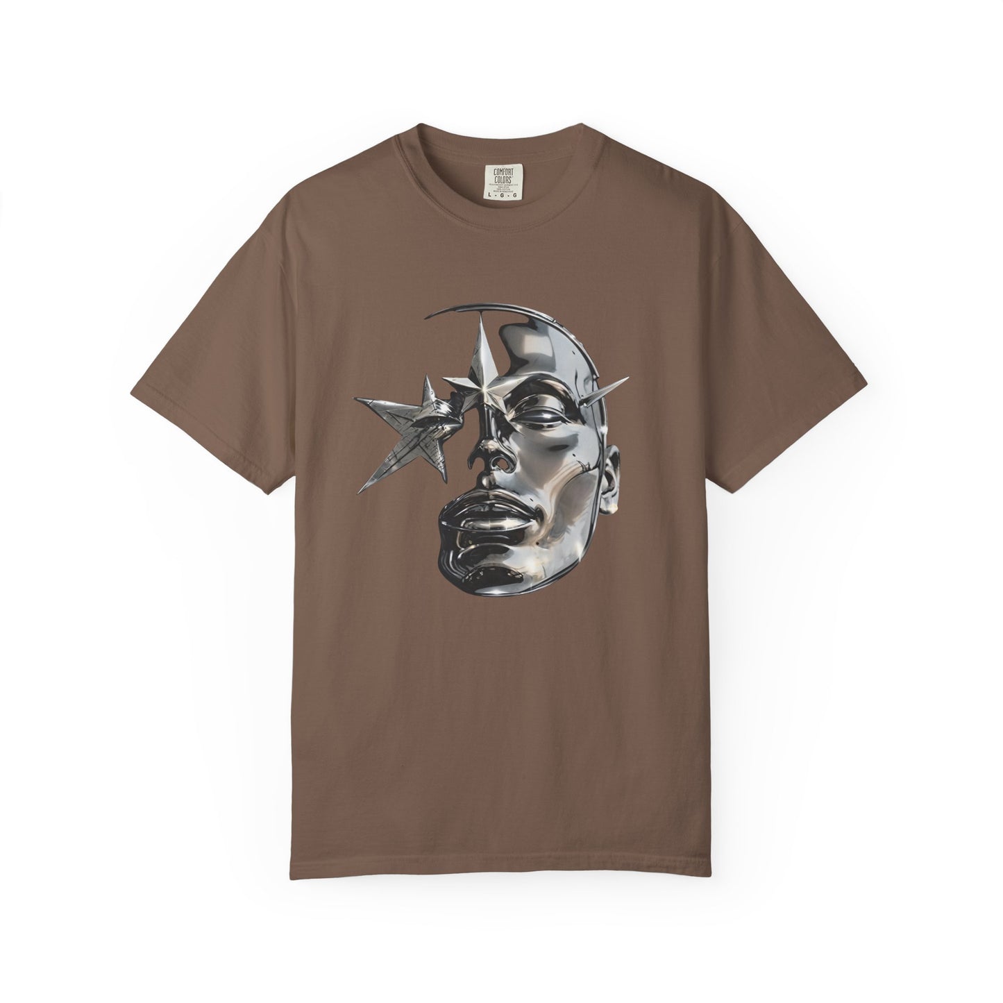 Cyber Y2K Chrome Face Graphic T-Shirt | Futuristic Liquid Metal Stars | Comfort Colors T-shirt