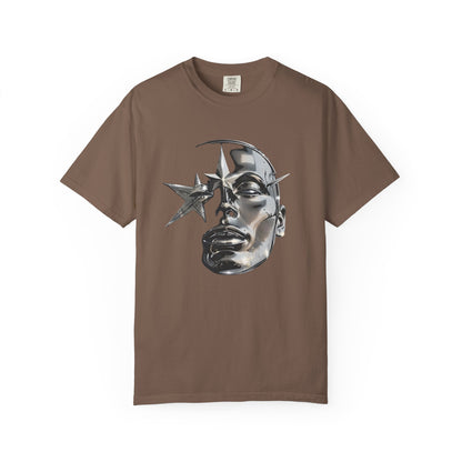 Cyber Y2K Chrome Face Graphic T-Shirt | Futuristic Liquid Metal Stars | Comfort Colors T-shirt