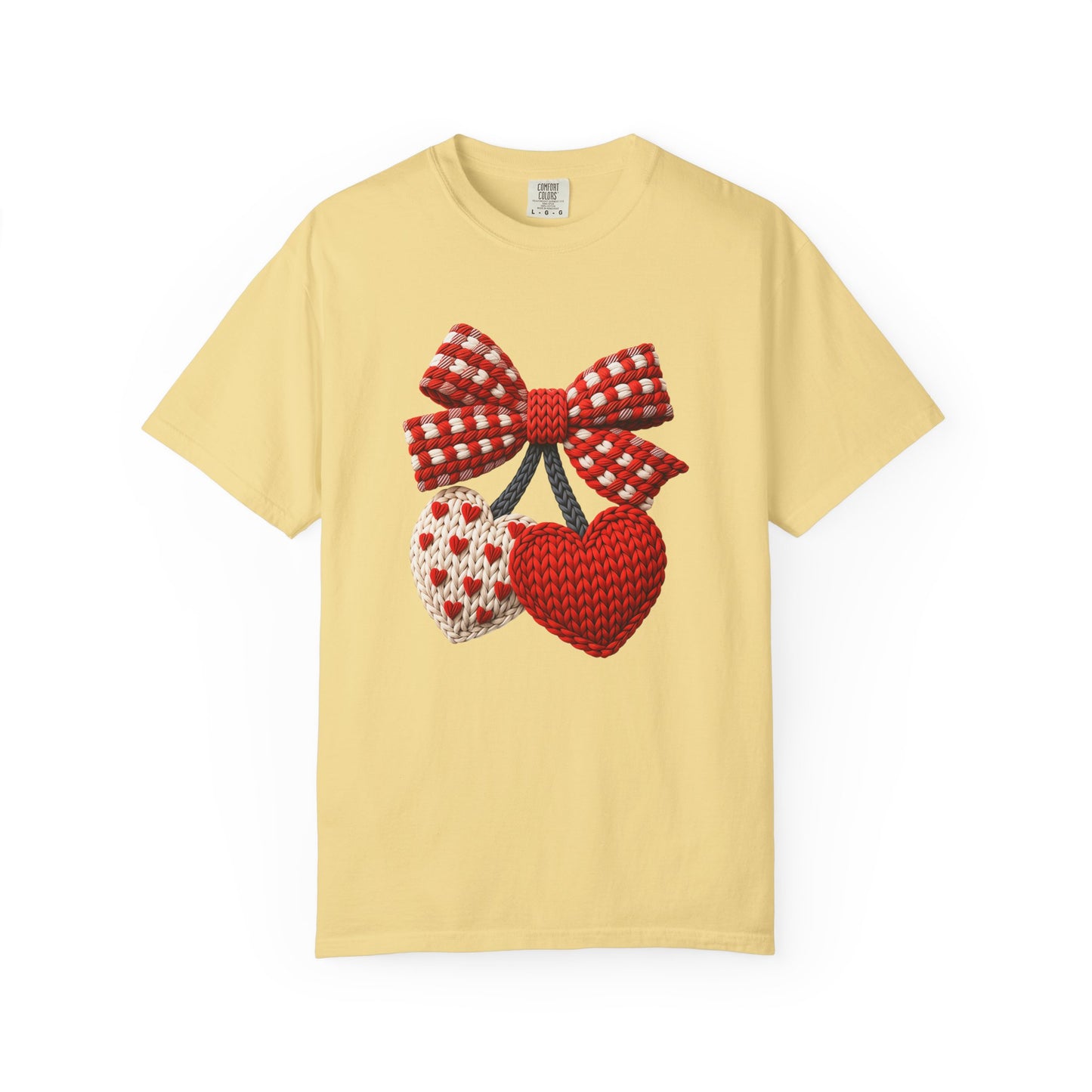 Valentine Faux Crochet Hearts T-Shirt – Knitted Heart Bow Love Graphic | Comfort Colors 1717