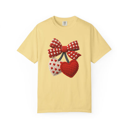 Valentine Faux Crochet Hearts T-Shirt – Knitted Heart Bow Love Graphic | Comfort Colors 1717