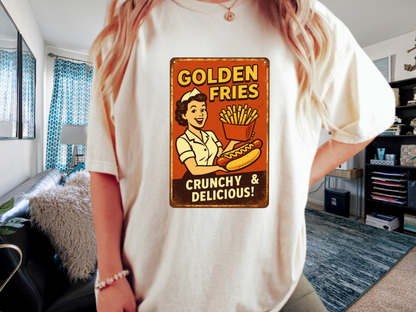 Golden Fries Retro Diner T-Shirt | Vintage Waitress & Hot Dog Graphic | Comfort Colors 1717 Tee
