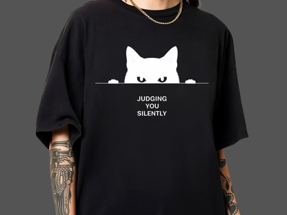 Judging You Silently Funny Cat T-Shirt Minimalist Peeking Graphic Comfort Colors 1717 Tee