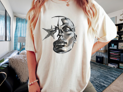 Cyber Y2K Chrome Face Graphic T-Shirt | Futuristic Liquid Metal Stars | Comfort Colors T-shirt