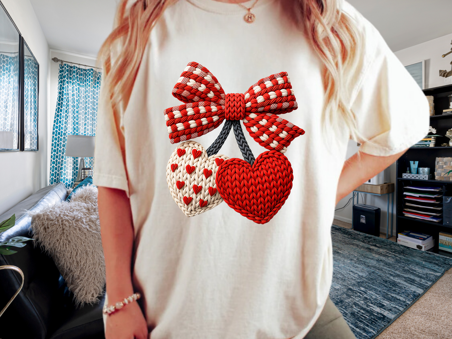 Valentine Faux Crochet Hearts T-Shirt – Knitted Heart Bow Love Graphic | Comfort Colors 1717