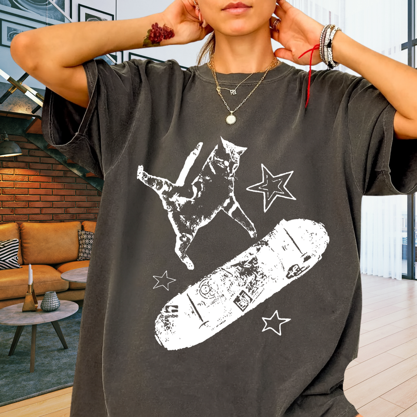 Skate Cat Graphic T-Shirt – Grunge Punk Illustration | Comfort Colors 1717 Unisex Tee