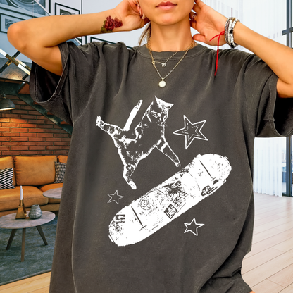 Skate Cat Graphic T-Shirt – Grunge Punk Illustration | Comfort Colors 1717 Unisex Tee