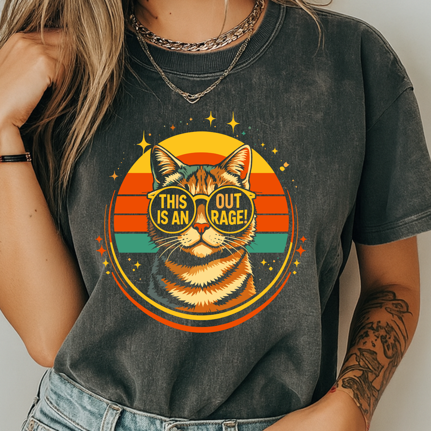 This Is An Outrage Funny Cat T-Shirt | Retro Tabby with Glasses | Comfort Colors 1717 Vintage Tee