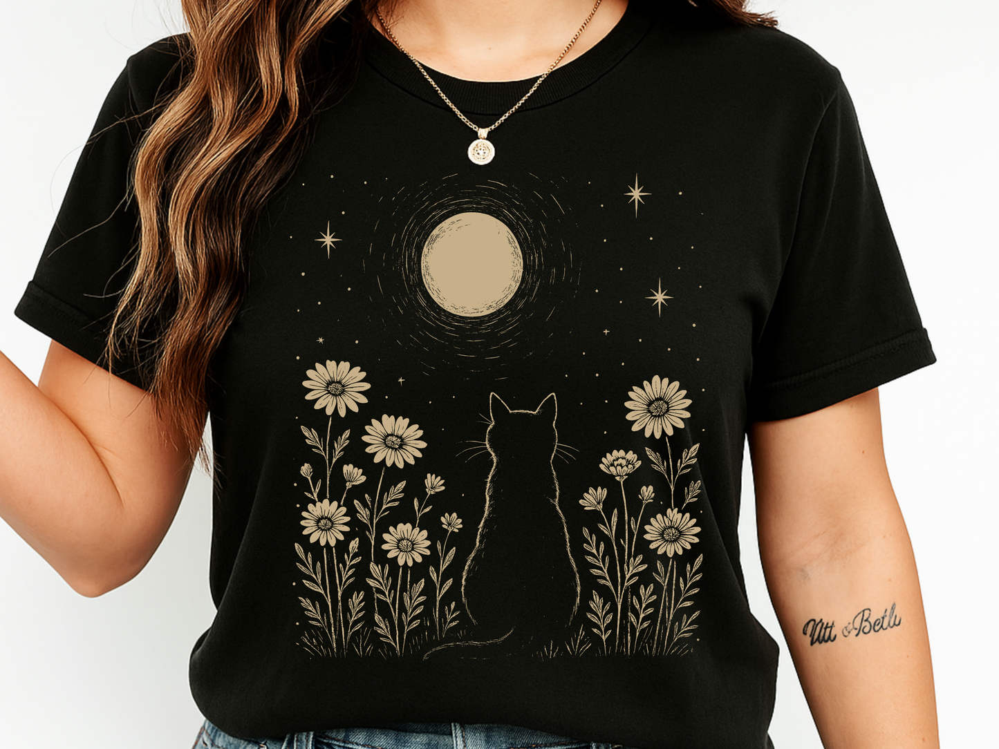 Celestial Cat T-Shirt Moon and Wildflowers Graphic Comfort Colors 1717 Boho Tee