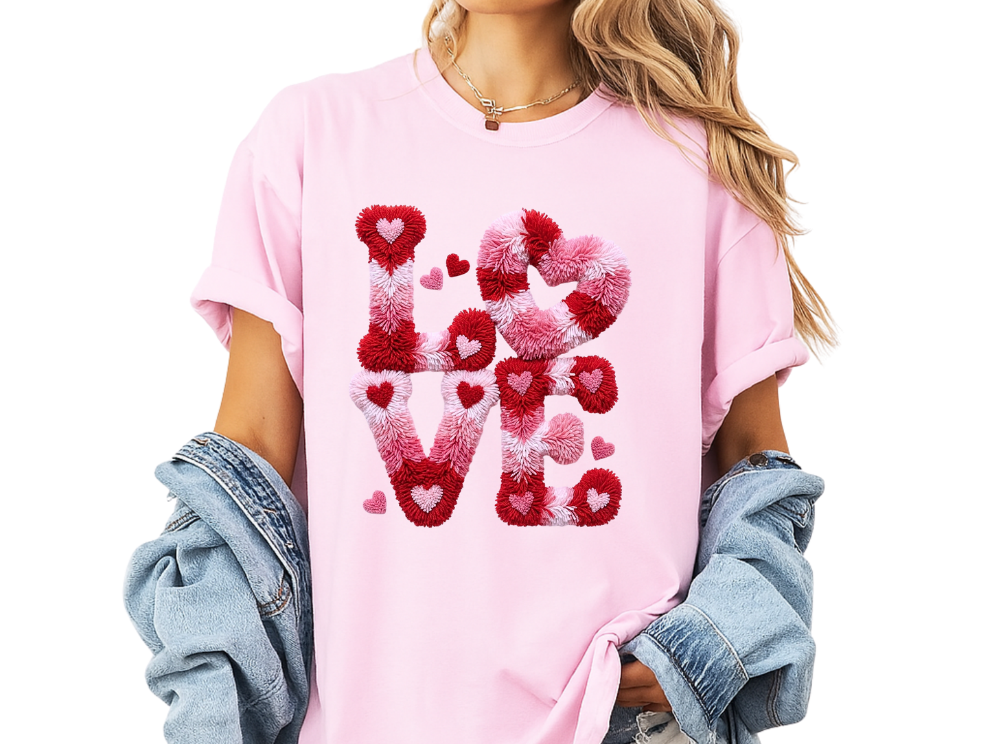 Love Hearts Faux Embroidery T-Shirt | Pink Tufted Chenille Graphic | Comfort Colors 1717 Valentine's Tee