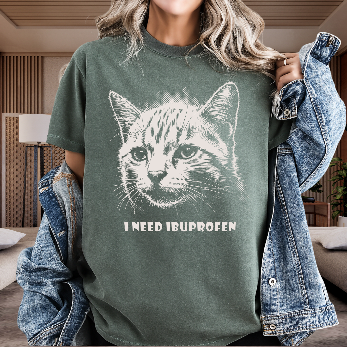 I Need Ibuprofen Funny Cat T-Shirt Headache Humor Graphic Comfort Colors 1717 Tee