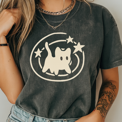 Celestial Cat & Stars Minimalist T-Shirt | Cute Witchy Kitty Graphic | Comfort Colors 1717 Heavyweight Tee