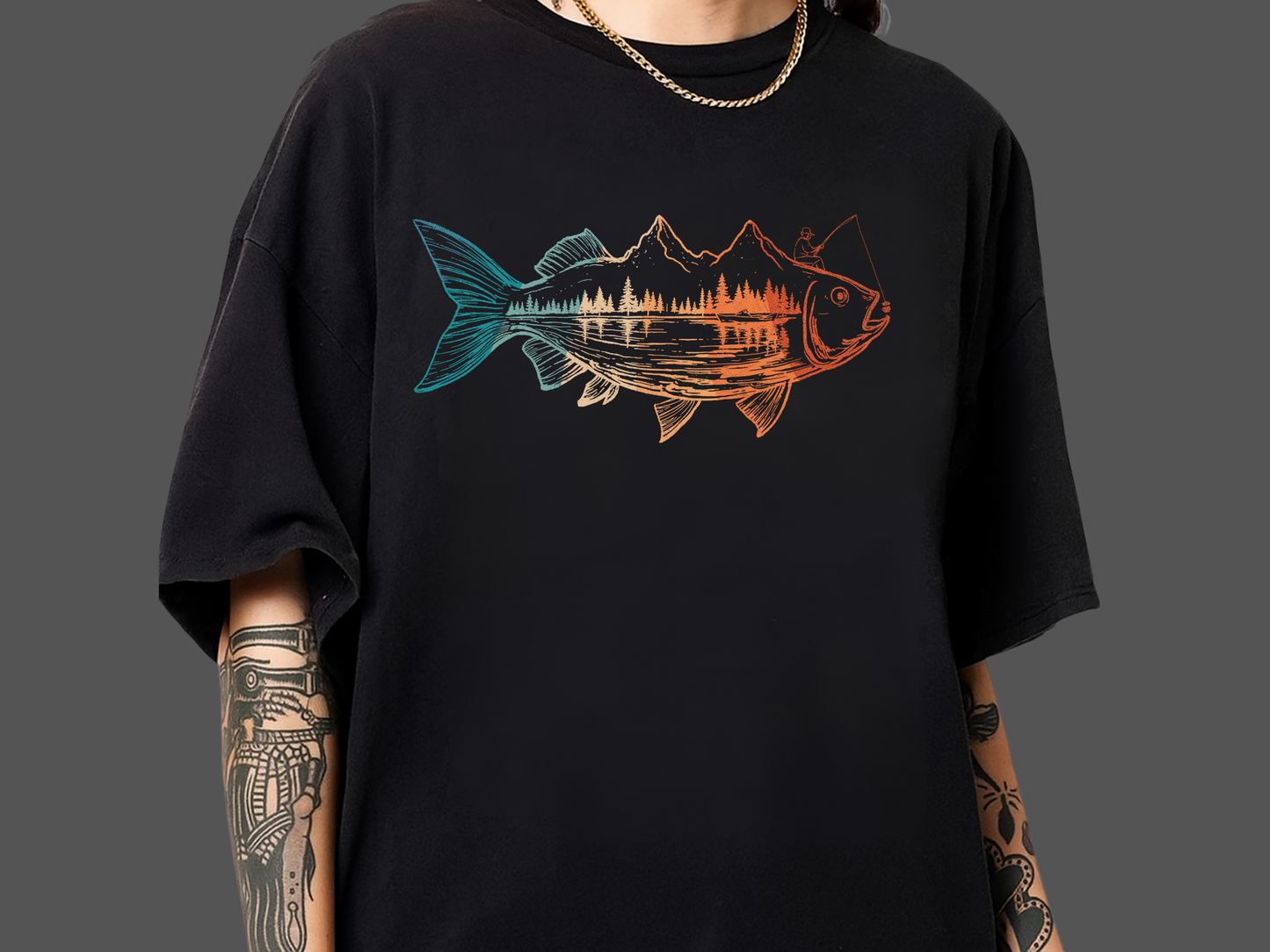 Fishing Mountain Double Exposure T-Shirt Trout Landscape Graphic Comfort Colors 1717 Outdoors Tee