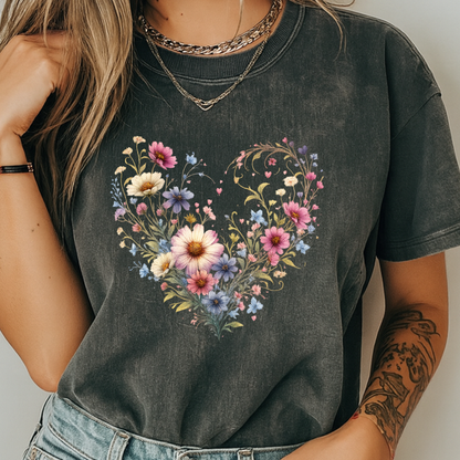 Wildflower Heart Botanical T-Shirt | Vintage Cottagecore Floral Graphic | Comfort Colors 1717 Tee