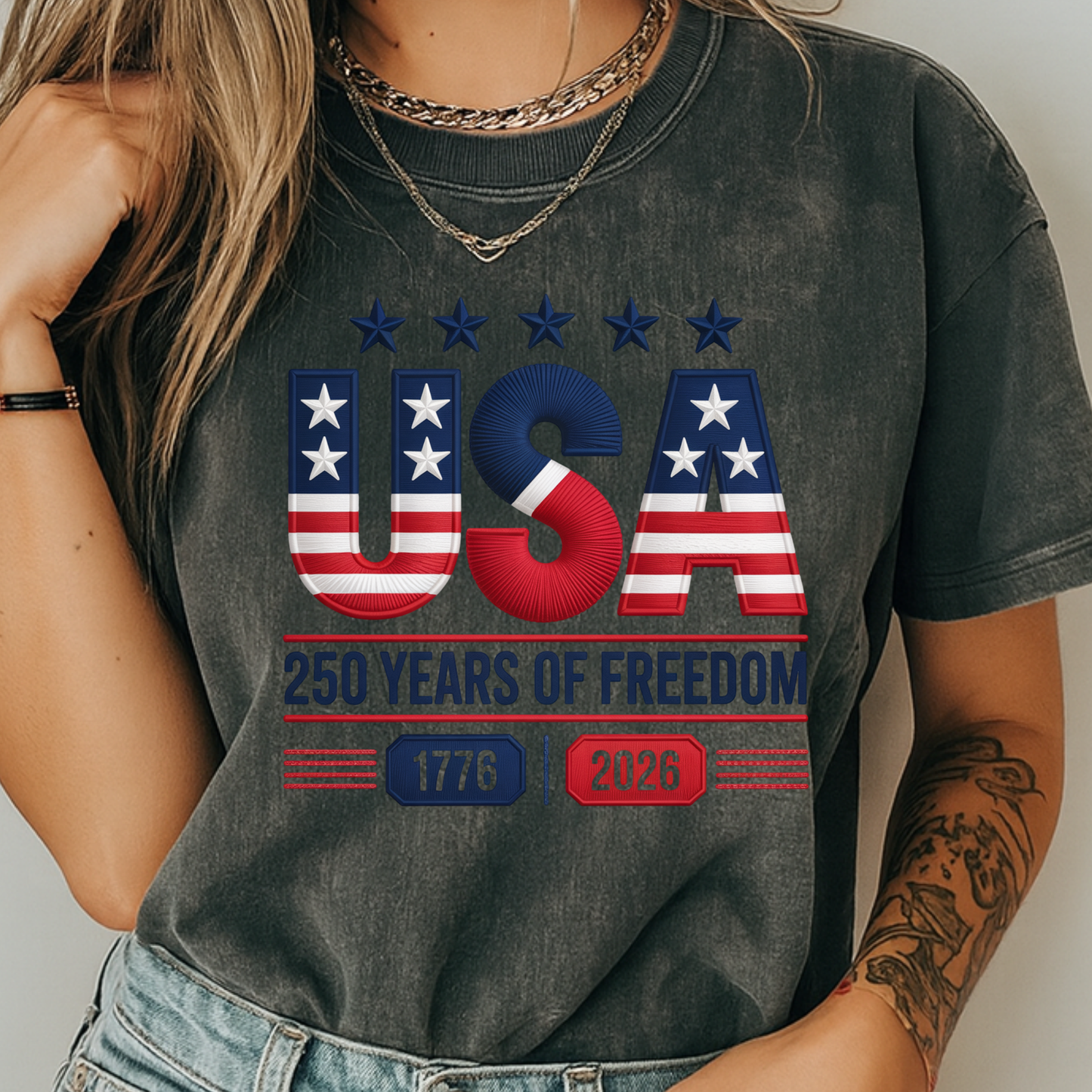 USA 250 Years Faux Embroidery T-Shirt | 1776-2026 Patriotic Stitched Graphic | Comfort Colors 1717 Tee