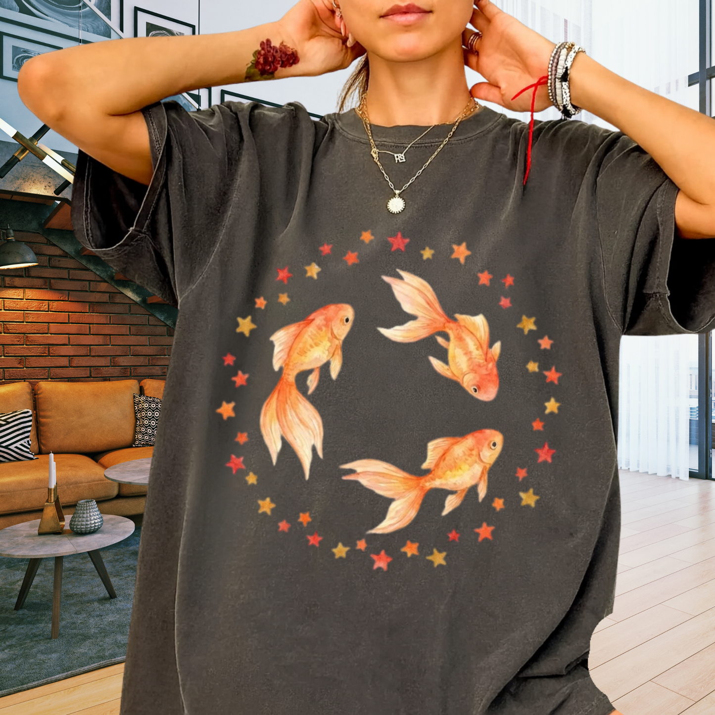 Goldfish Circle Graphic T-Shirt – Watercolor Fish Art | Comfort Colors 1717 Unisex Tee