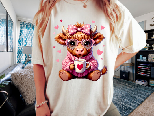 Cute Highland Cow Valentine T-Shirt – Cozy Pink Cow Graphic | Comfort Colors 1717