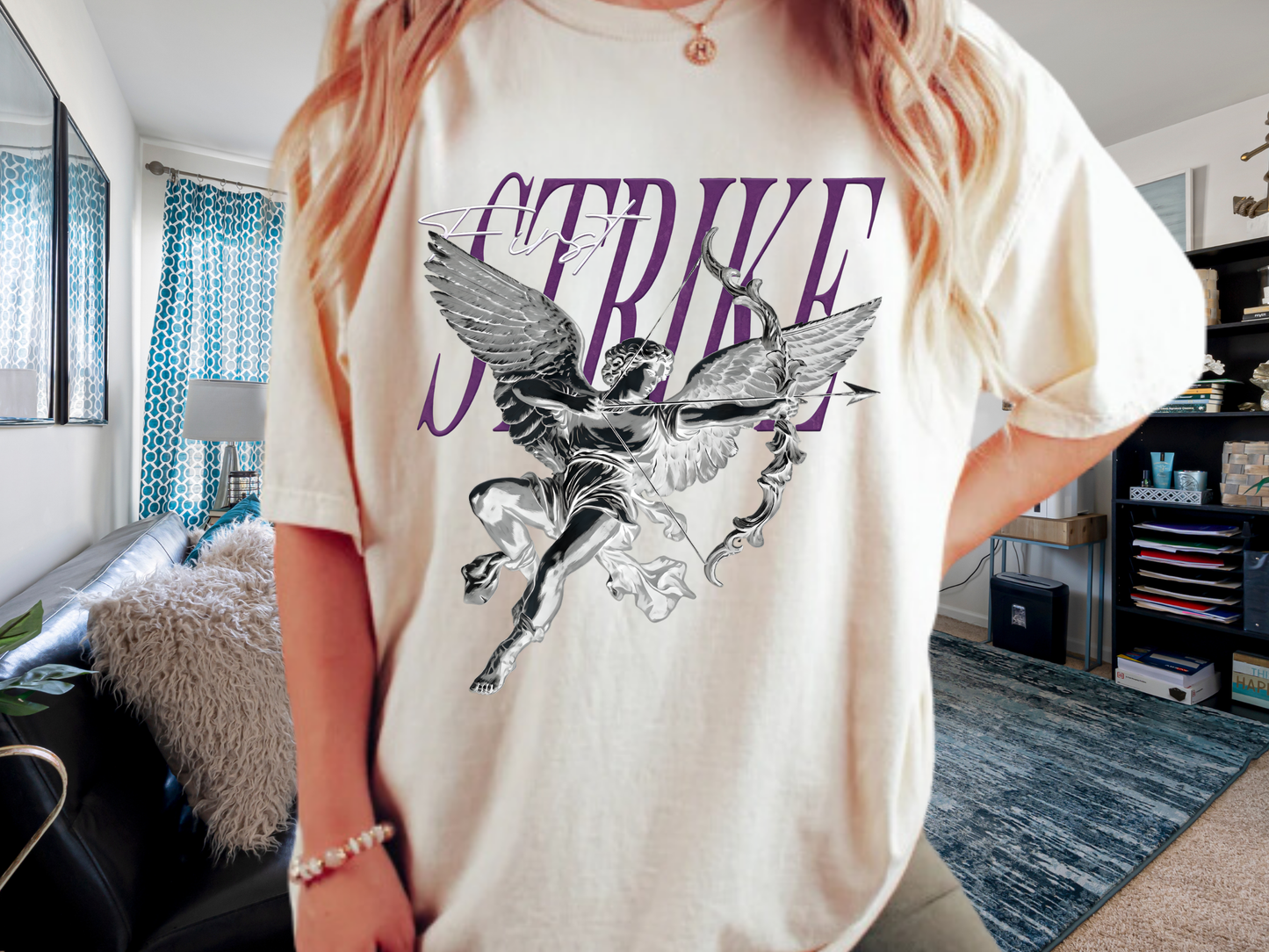 Y2K Chrome Angel Graphic T-Shirt - "First Strike" Cupid Streetwear Tee - Vintage Wash
