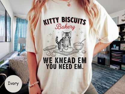 Funny 'Kitty Biscuits Bakery' T-Shirt | Cute Cat Kneading Dough Tee | Comfort Colors® 1717