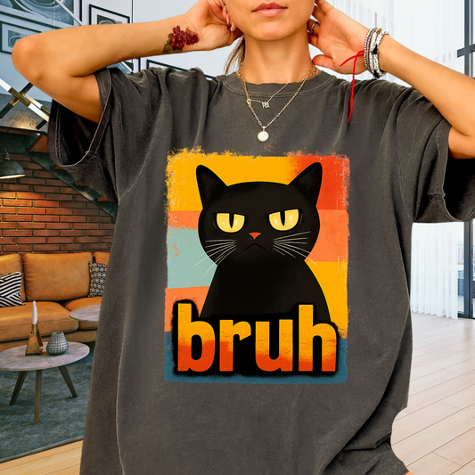 Funny 'Bruh' Black Cat T-Shirt | Retro Vintage Meme Tee | Comfort Colors® 1717