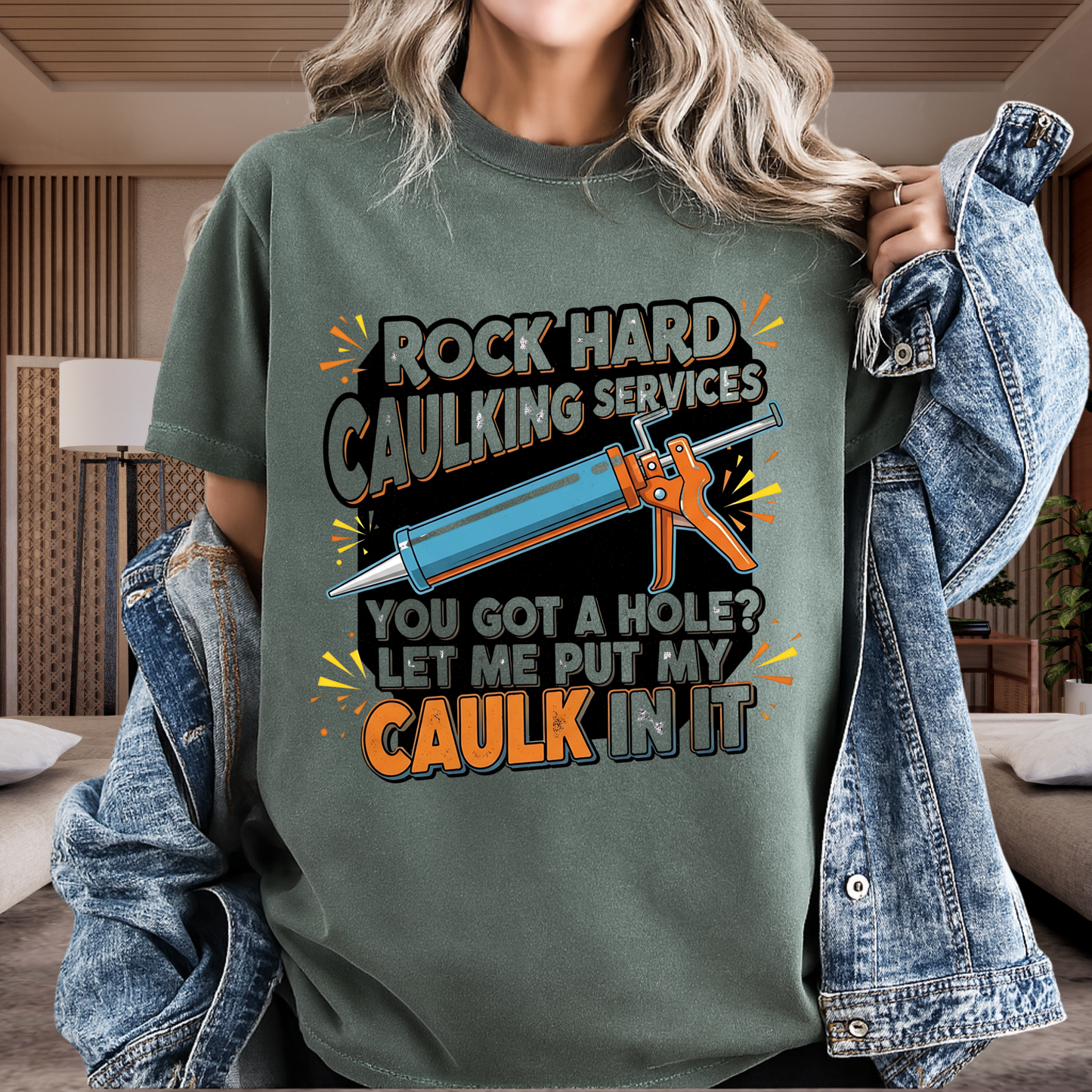 Funny 'Rock Hard' Caulking Services T-Shirt | Adult Humor Handyman Gift | Comfort Colors® 1717