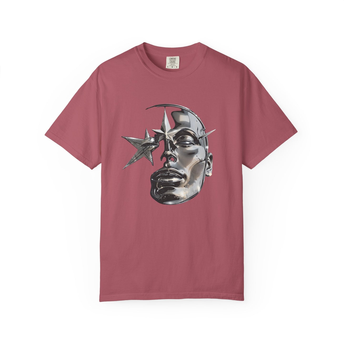 Cyber Y2K Chrome Face Graphic T-Shirt | Futuristic Liquid Metal Stars | Comfort Colors T-shirt
