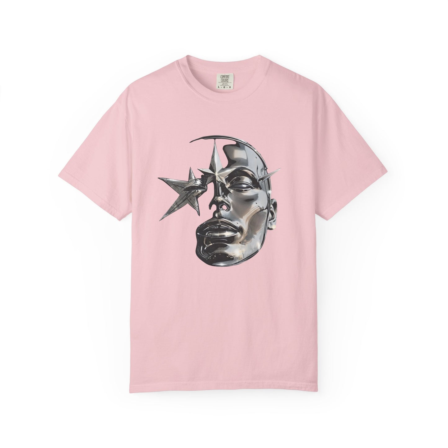 Cyber Y2K Chrome Face Graphic T-Shirt | Futuristic Liquid Metal Stars | Comfort Colors T-shirt