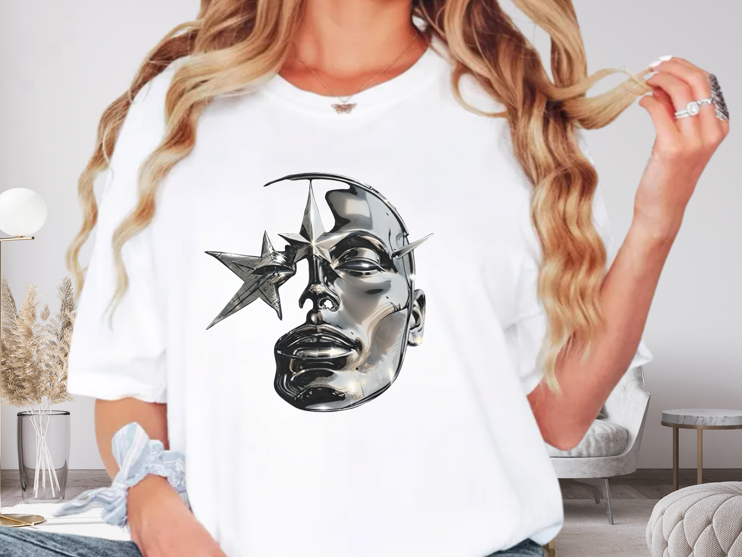 Cyber Y2K Chrome Face Graphic T-Shirt | Futuristic Liquid Metal Stars | Comfort Colors T-shirt