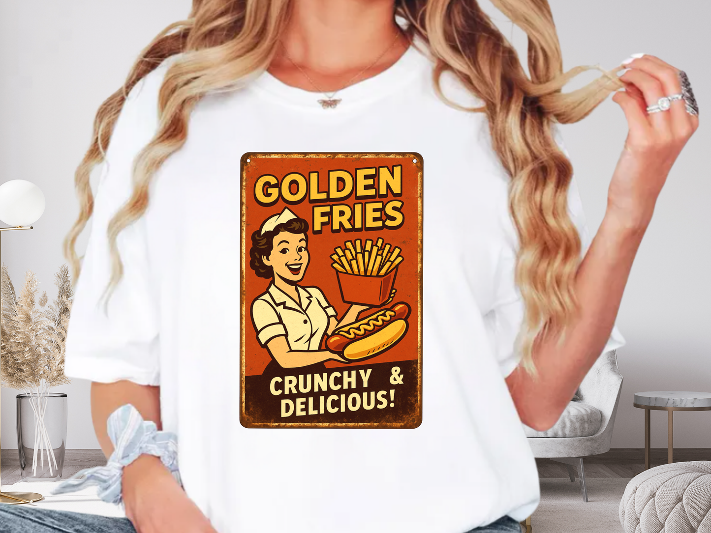 Golden Fries Retro Diner T-Shirt | Vintage Waitress & Hot Dog Graphic | Comfort Colors 1717 Tee