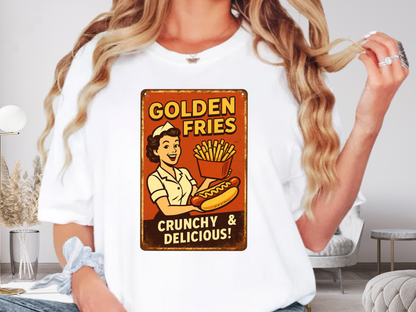 Golden Fries Retro Diner T-Shirt | Vintage Waitress & Hot Dog Graphic | Comfort Colors 1717 Tee
