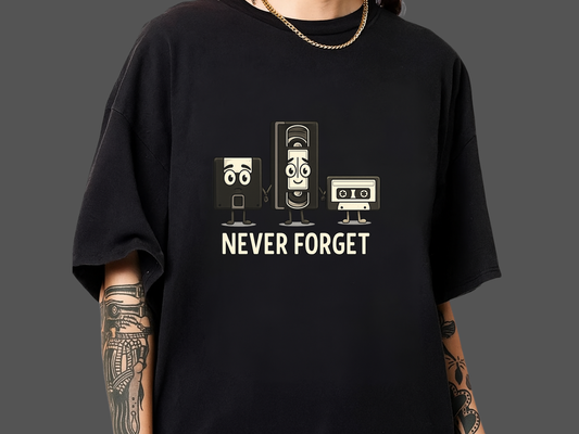 Never Forget Retro Tech T-Shirt | Funny VHS Floppy Disk & Cassette Graphic | Comfort Colors 1717 Nostalgia Tee