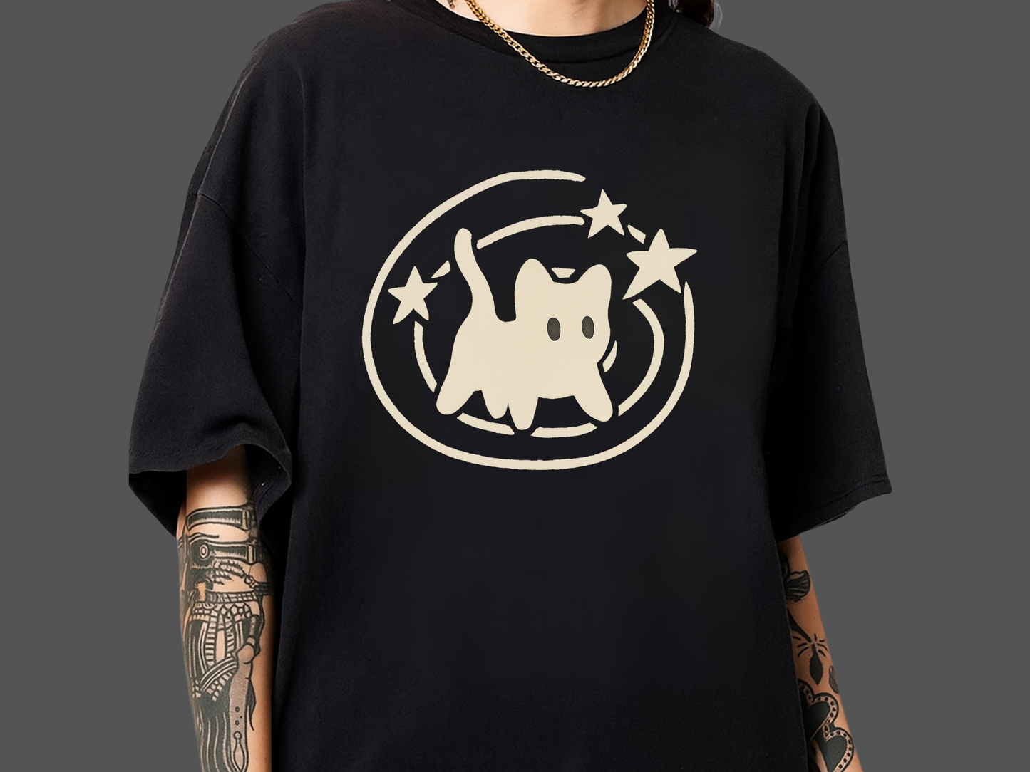 Celestial Cat & Stars Minimalist T-Shirt | Cute Witchy Kitty Graphic | Comfort Colors 1717 Heavyweight Tee
