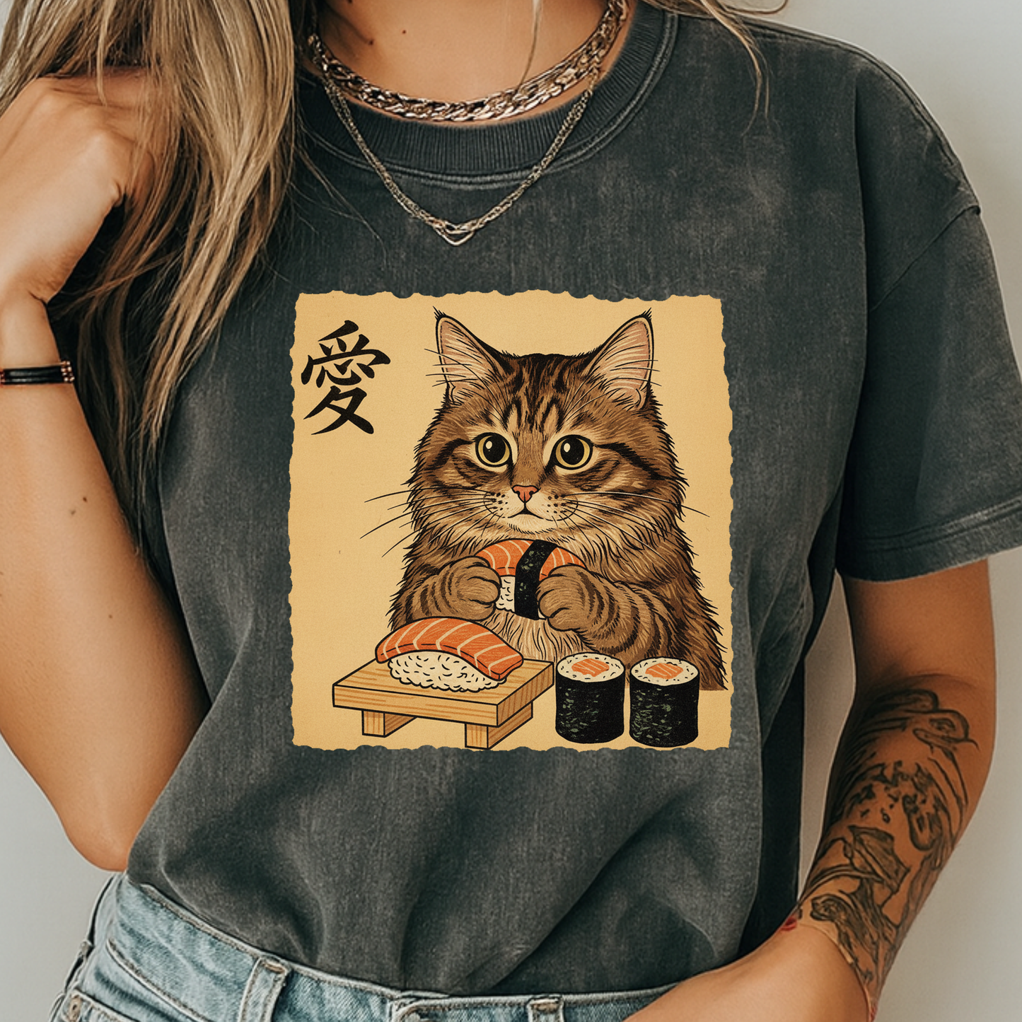 Sushi Cat Japanese Art T-Shirt Vintage Ukiyo-e Graphic Comfort Colors 1717 Tee