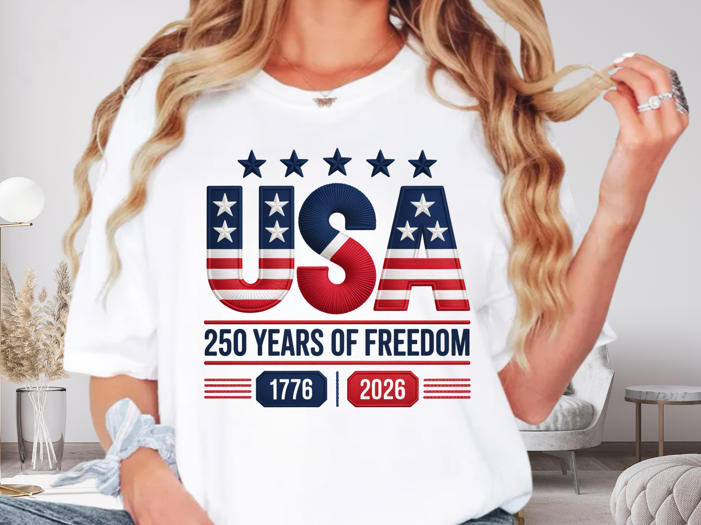 USA 250 Years Faux Embroidery T-Shirt | 1776-2026 Patriotic Stitched Graphic | Comfort Colors 1717 Tee