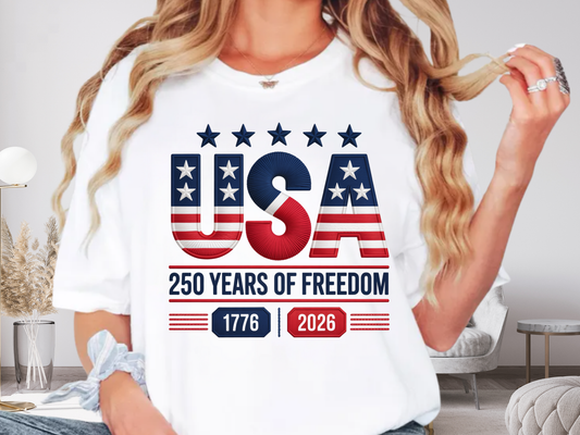 USA 250 Years Faux Embroidery T-Shirt | 1776-2026 Patriotic Stitched Graphic | Comfort Colors 1717 Tee