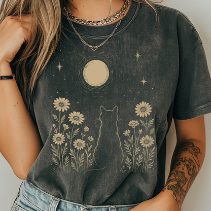 Celestial Cat T-Shirt Moon and Wildflowers Graphic Comfort Colors 1717 Boho Tee