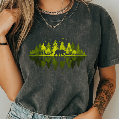 Bear Forest Reflection T-Shirt Nature Lover Graphic Comfort Colors 1717 Hiking Tee