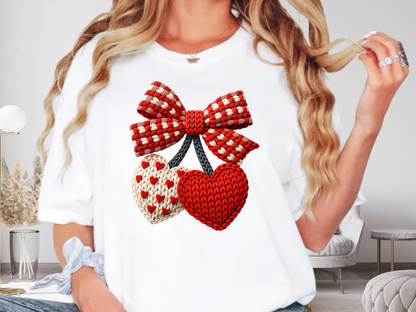 Valentine Faux Crochet Hearts T-Shirt – Knitted Heart Bow Love Graphic | Comfort Colors 1717