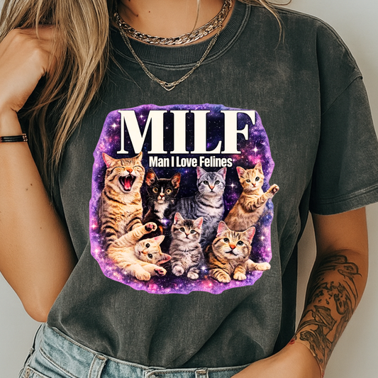 MILF Man I Love Felines T-Shirt – Funny Cat Lover Galaxy Design | Comfort Colors 1717 Unisex Tee