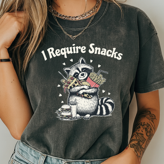 I Require Snacks Funny Raccoon T-Shirt Pizza Fries Graphic Comfort Colors 1717 Tee
