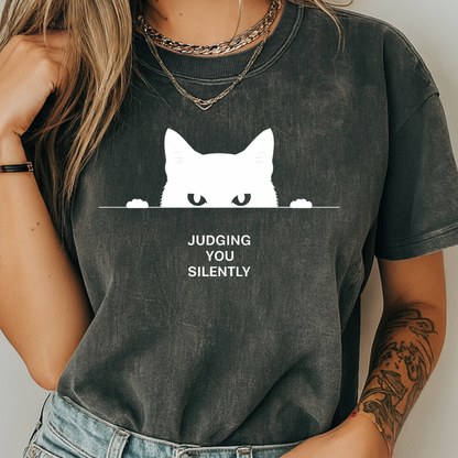 Judging You Silently Funny Cat T-Shirt Minimalist Peeking Graphic Comfort Colors 1717 Tee