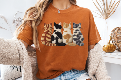 Four Cats Faux Embroidery T-Shirt Funny Cat Mom Graphic Comfort Colors 1717 Tee